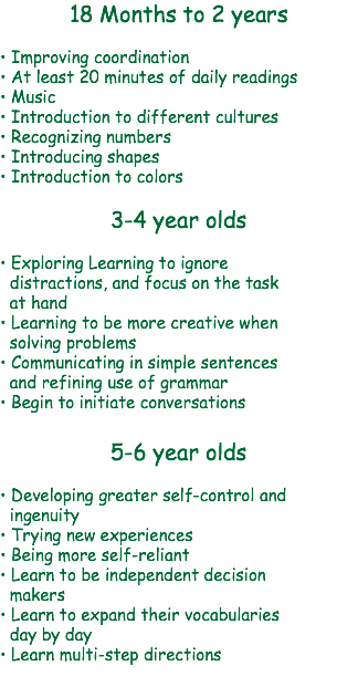 18 Months to 2 years • Improving coordination • At least 20 minutes of daily readings • Music • Introduction to different cultures • Recognizing numbers • Introducing shapes • Introduction to colors 3-4 year olds • Exploring Learning to ignore distractions, and focus on the task at hand • Learning to be more creative when solving problems • Communicating in simple sentences and refining use of grammar • Begin to initiate conversations 5-6 year olds • Developing greater self-control and ingenuity • Trying new experiences • Being more self-reliant • Learn to be independent decision makers • Learn to expand their vocabularies day by day • Learn multi-step directions 